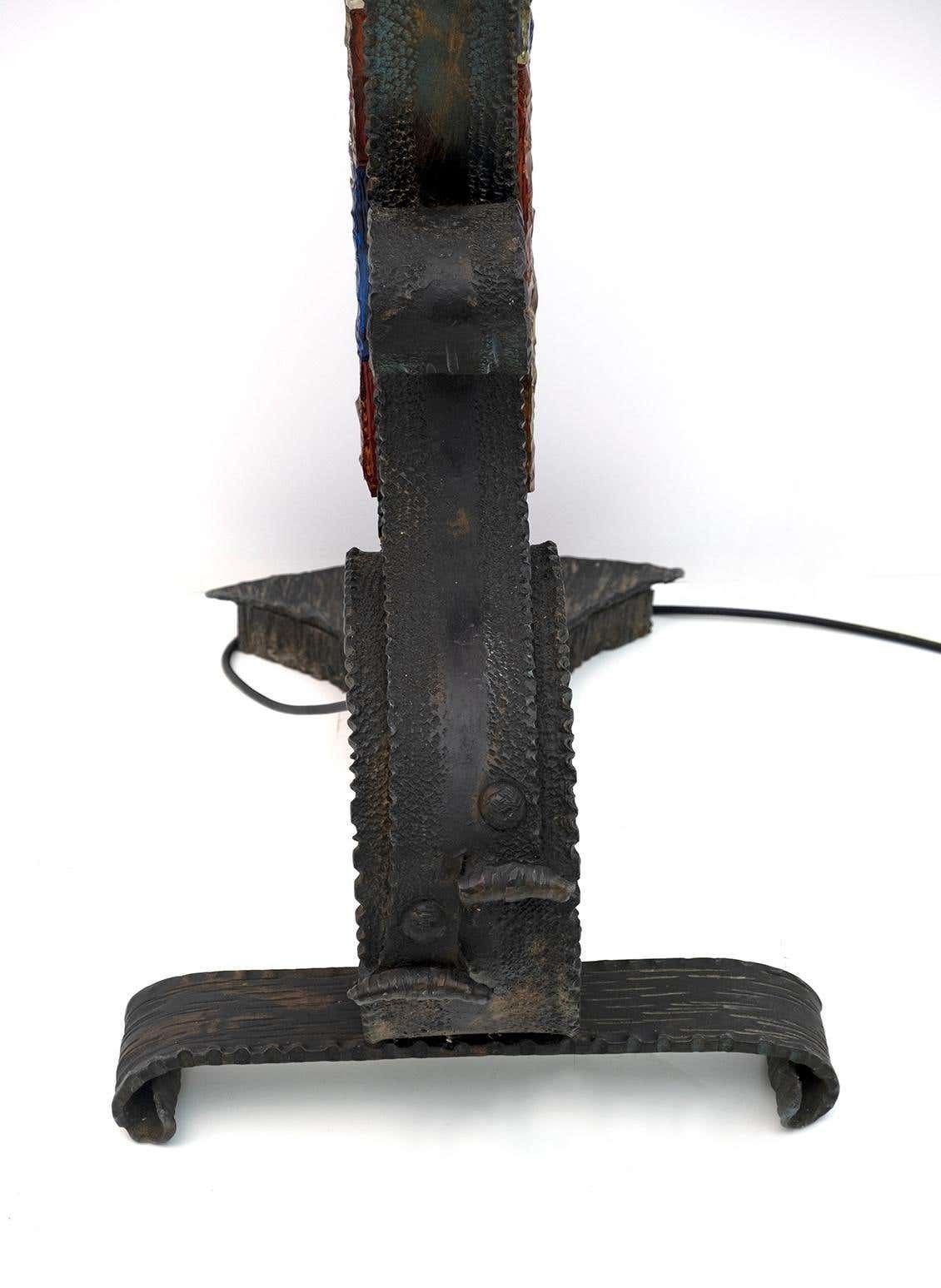 photo for sale Poliarte Brutalist Italian Wrought Iron And Color Raw Glass Floor Lamp, 1960s
