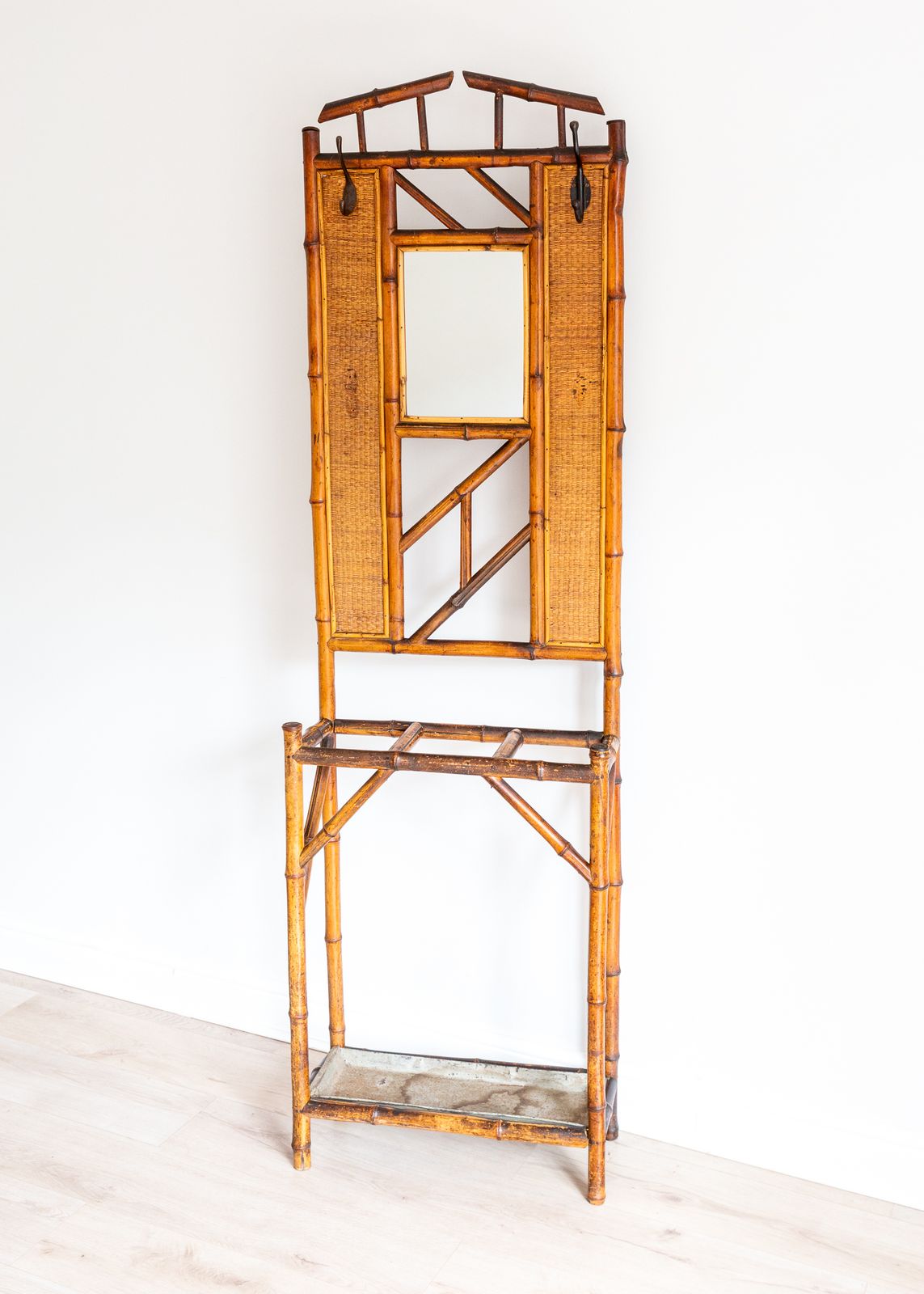 Boho Bamboo Hall Stand Mirrored Coat Rack With Umbrella Stand Stick Stand Chinoiserie French Mid Century Aesthetic Movement photo furniture