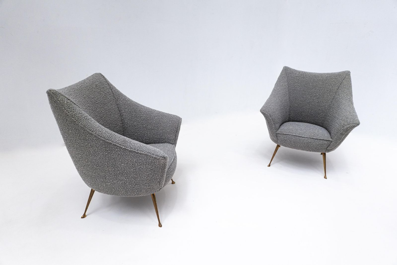 Pair Of Mid Century Grey New Upholstery And Brass Feets Armchairs, Italy, 1950s photo furniture