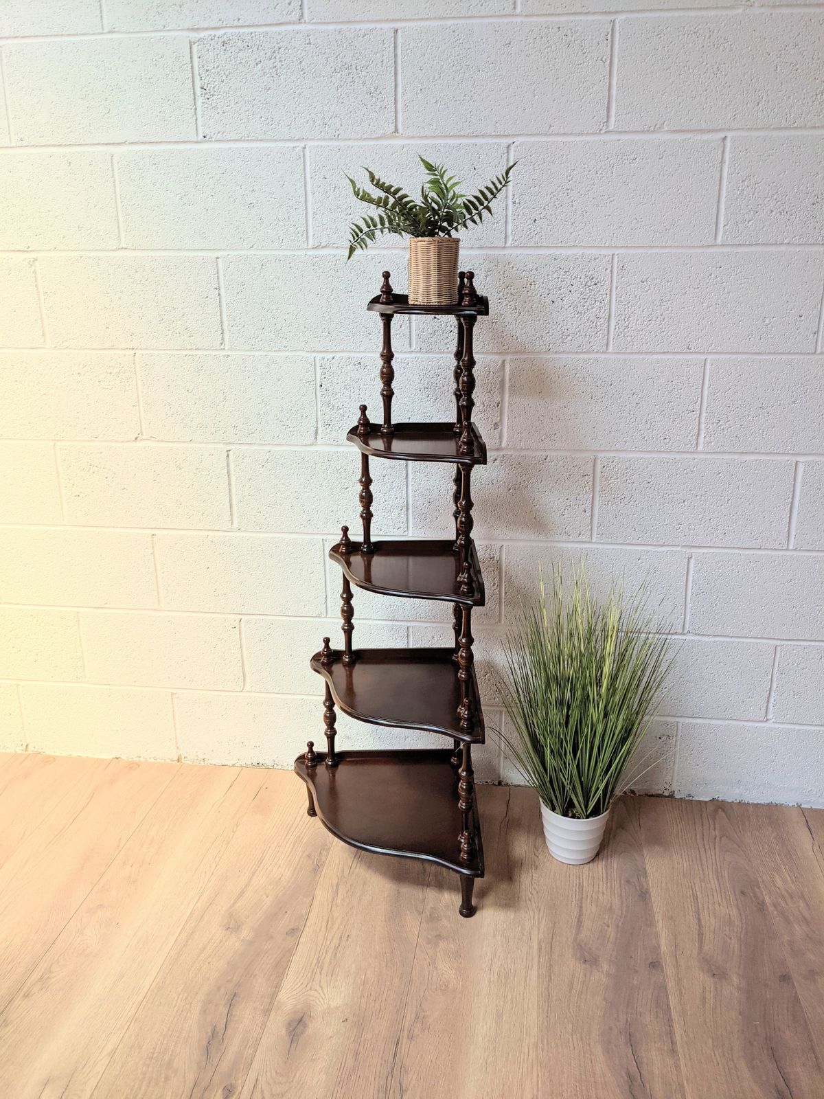 Vintage Tall 5 Shelf Dark Wood Corner Shelves photo vintage