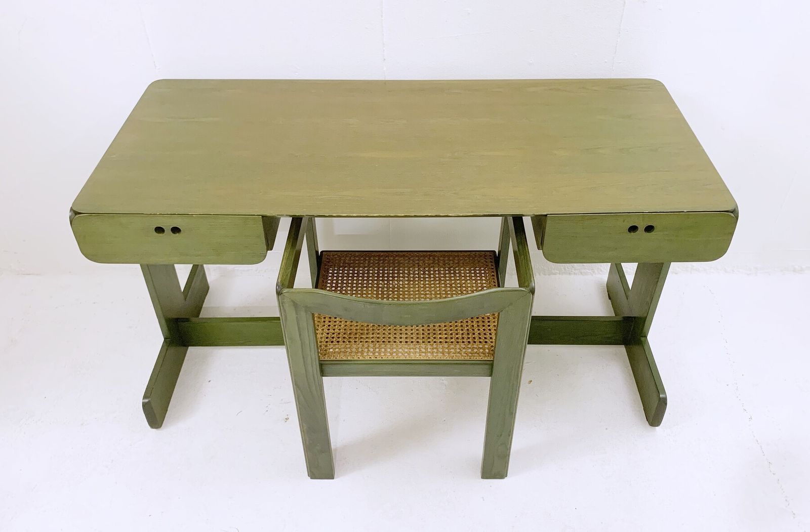 Mid Century Modern Green Wooden Desk & Chair By Derk Jan De Vries photo for sale