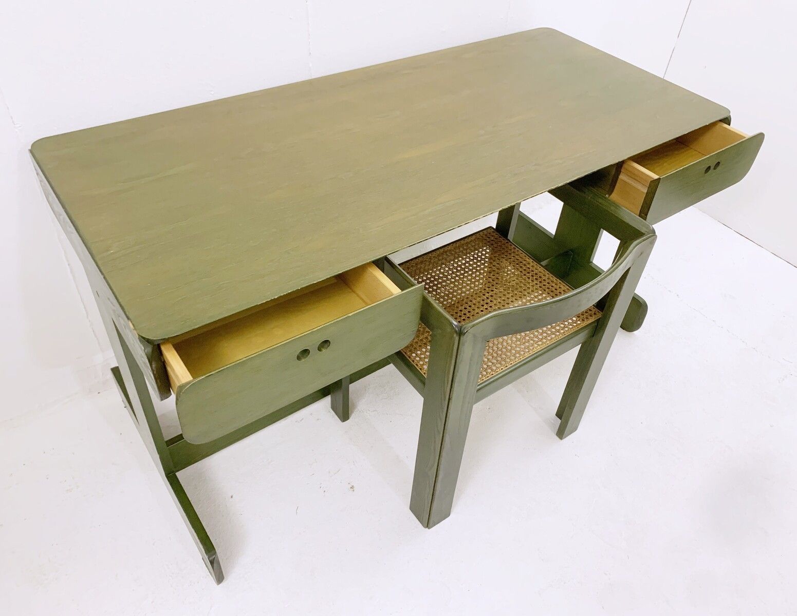 Mid Century Modern Green Wooden Desk & Chair By Derk Jan De Vries photo Furniture