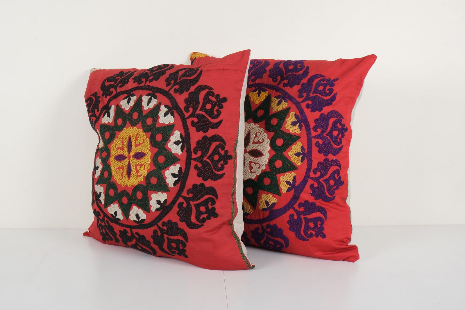 Set Of Two Suzani Red Cushion Cover, Tribal House Decor  Square Embroidery Handmade Pillows   Vintage Embroidered Uzbek Pillow 22'' X 23'' photo Textiles