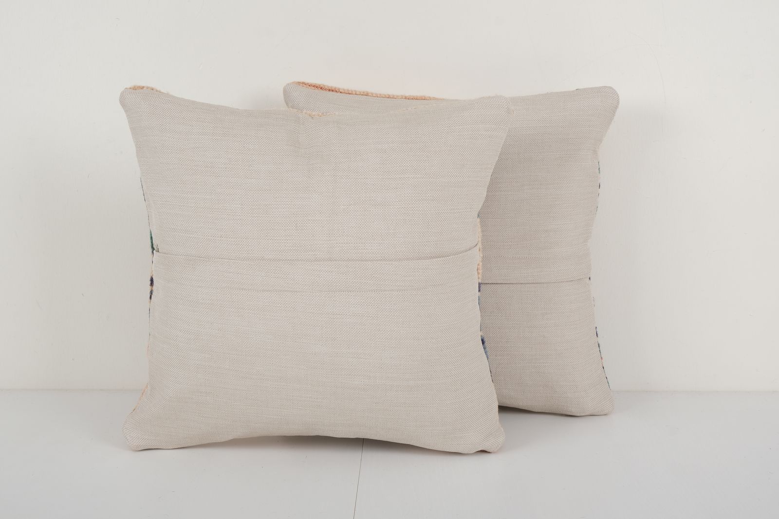 Set Of Two Muted Ecru Carpet Rug Pillow, Pair Faded Ethnic Turkish Yastik Pillow   Designer 16'' X 16'' photo for sale