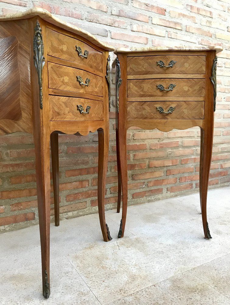 Mid Century Bedside Tables In French Walnut With Marquetry & Marble Top, Set Of 2 photo furniture