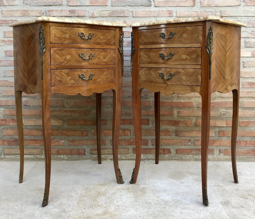 Mid Century Bedside Tables In French Walnut With Marquetry & Marble Top, Set Of 2 photo vinterior