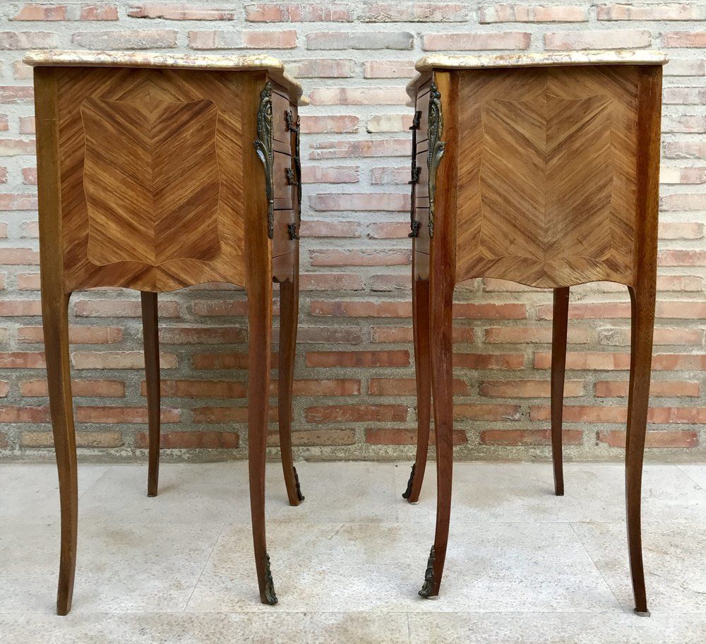 Mid Century Bedside Tables In French Walnut With Marquetry & Marble Top, Set Of 2 photo buy
