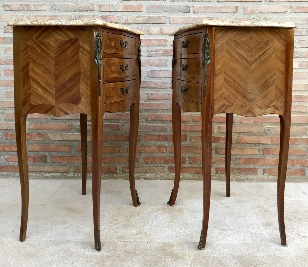 Mid Century Bedside Tables In French Walnut With Marquetry & Marble Top, Set Of 2 photo vintage