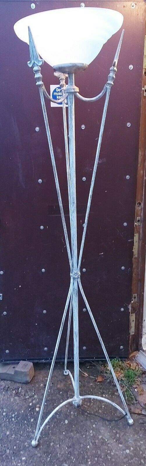 Very Decorative White Brush Effect On Brass Tall Standard Lamp With Frosted Shad