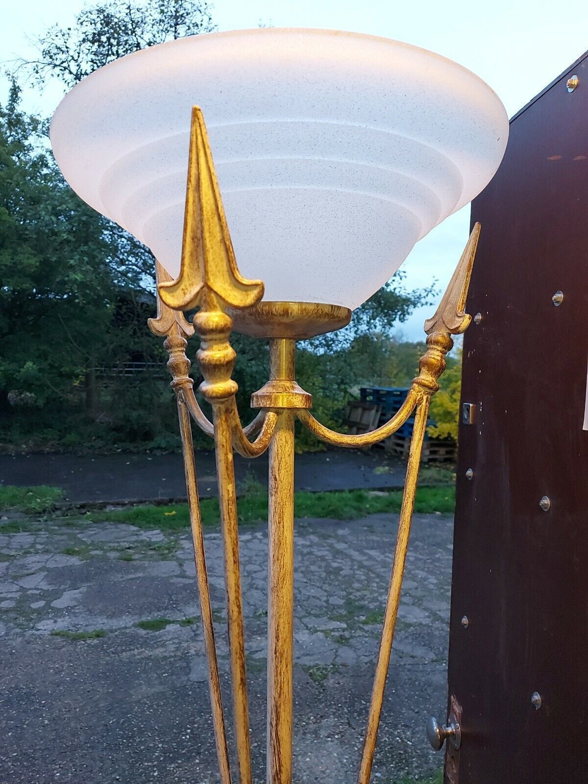 Very Decorative White Brush Effect On Brass Tall Standard Lamp With Frosted Shad photo for sale