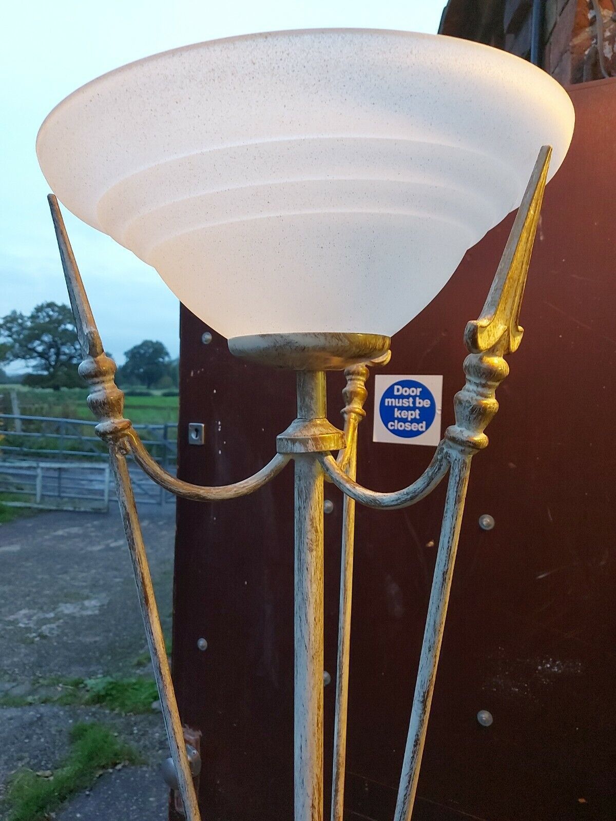 photo for sale Very Decorative White Brush Effect On Brass Tall Standard Lamp With Frosted Shad