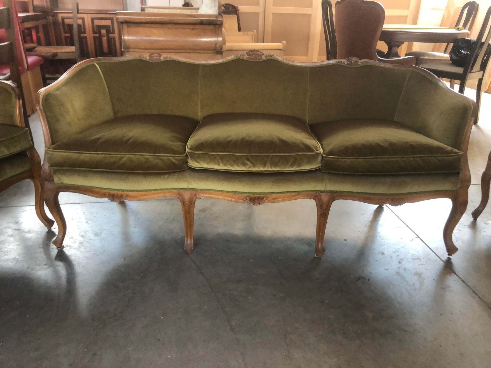 Mid 20th Century Italian Style Armchairs And Sofa In Walnut Wood Carved   Set Of 3 Pieces photo buy