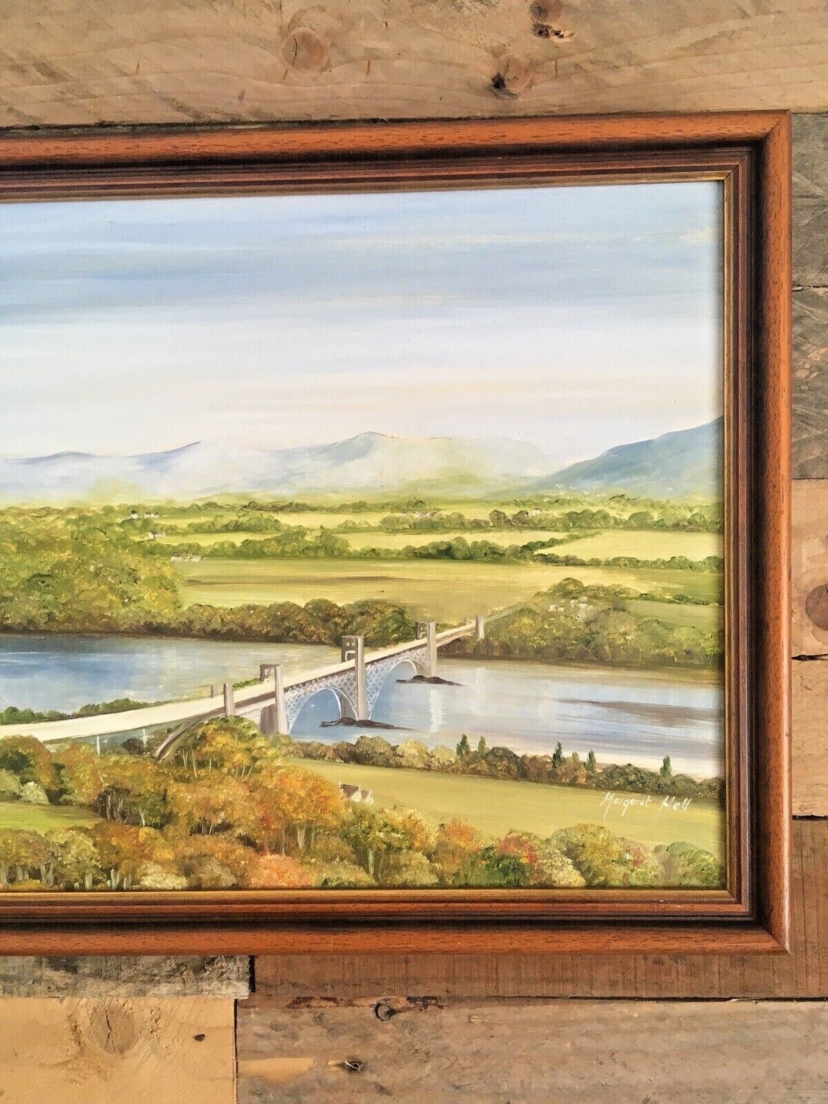Large Original Margaret Hall Framed Oil Painting Menai Britannia Bridge Anglesey photo for sale