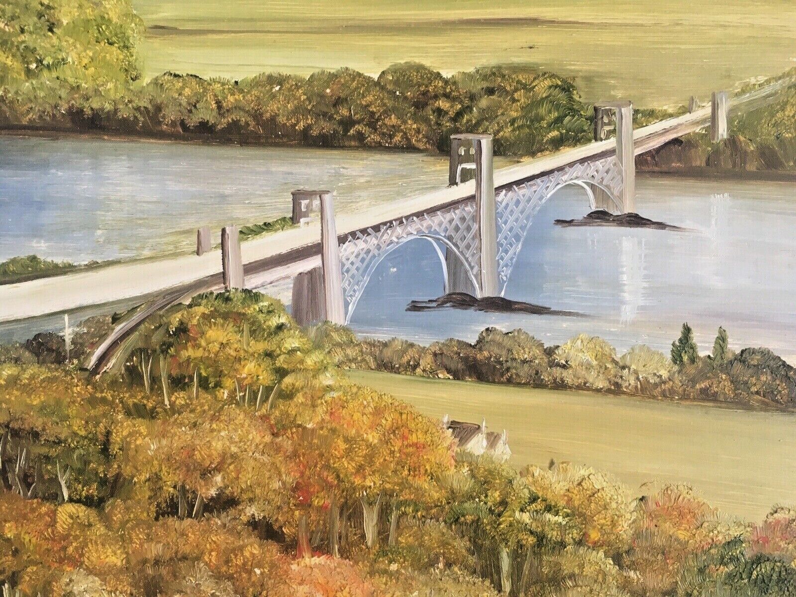Large Original Margaret Hall Framed Oil Painting Menai Britannia Bridge Anglesey photo vinterior