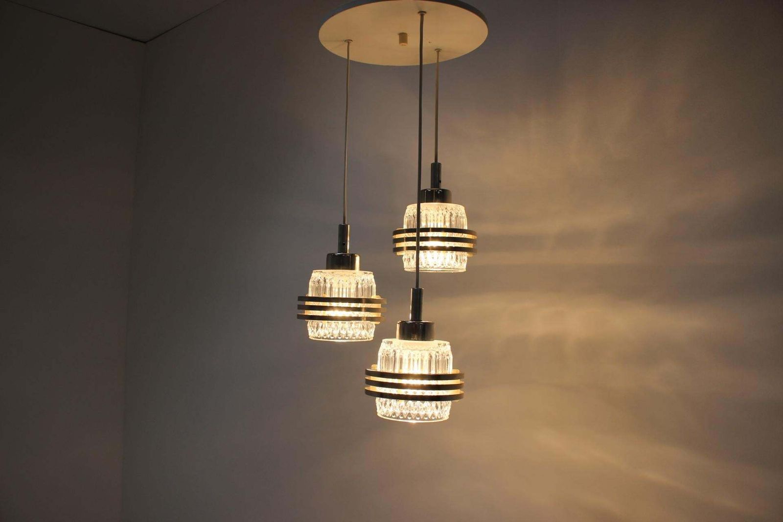 photo for sale Mid Century Adjustable Glass Chandelier By Pokrok Zilina, 1970s