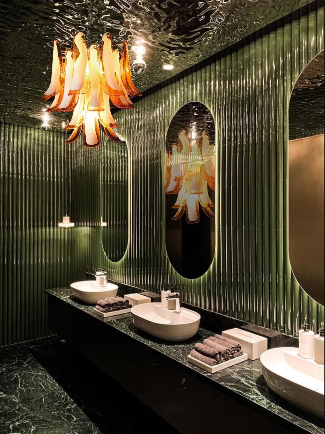 Pair Of Italian Murano 26 Amber Petals Chandeliers, Murano photo Lighting