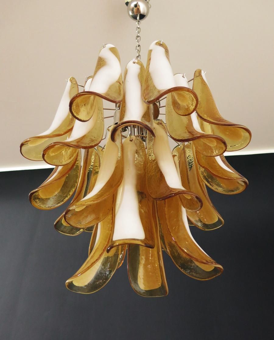 Pair Of Italian Murano 26 Amber Petals Chandeliers, Murano photo buy