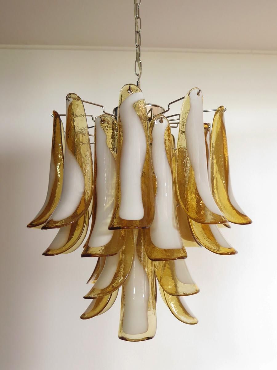 Pair Of Italian Murano 26 Amber Petals Chandeliers, Murano photo vintage