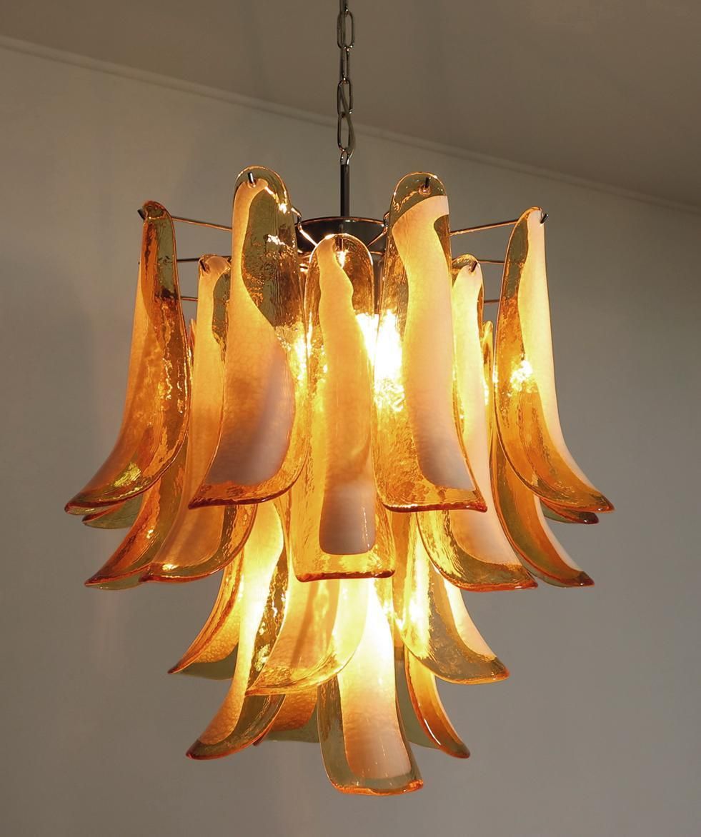 Lighting Pair Of Italian Murano 26 Amber Petals Chandeliers, Murano photo