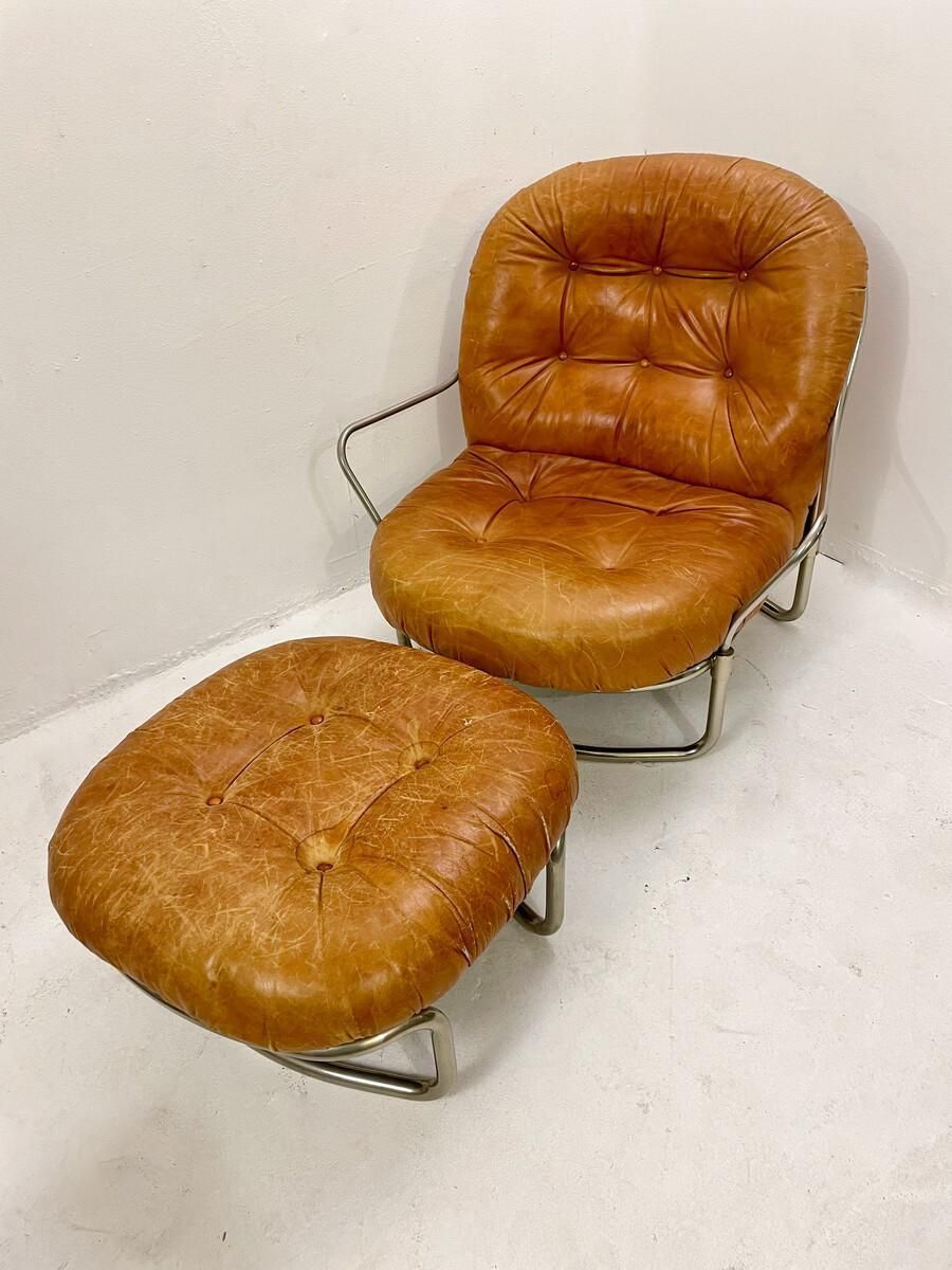 Mid Century Modern Cognac Leather Armchair And Ottoman Mod 915 By Carlo De Carli photo for sale