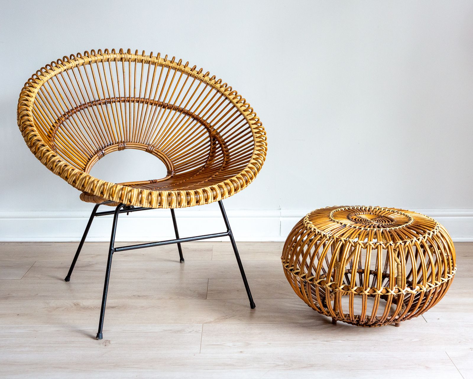 Franco Albini And Janine Abraham & Dirk Jan Rol Sunburst Chair & Lobster Pot Ottoman Footstool 1950s Mcm photo furniture