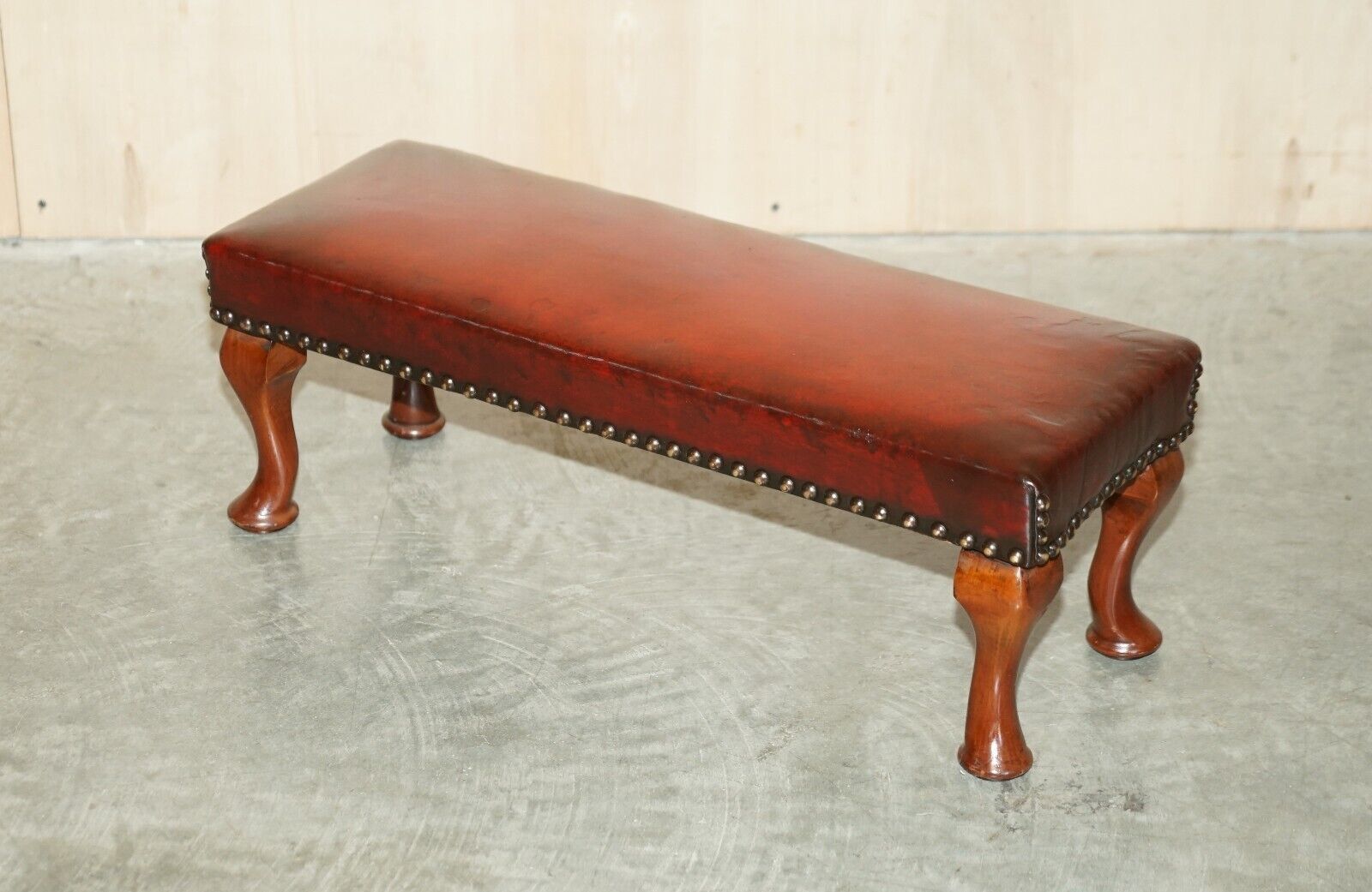 Antique Cabriolet Leg Fully Restored Hand Dyed Bordeaux Leather Tufted Footstool