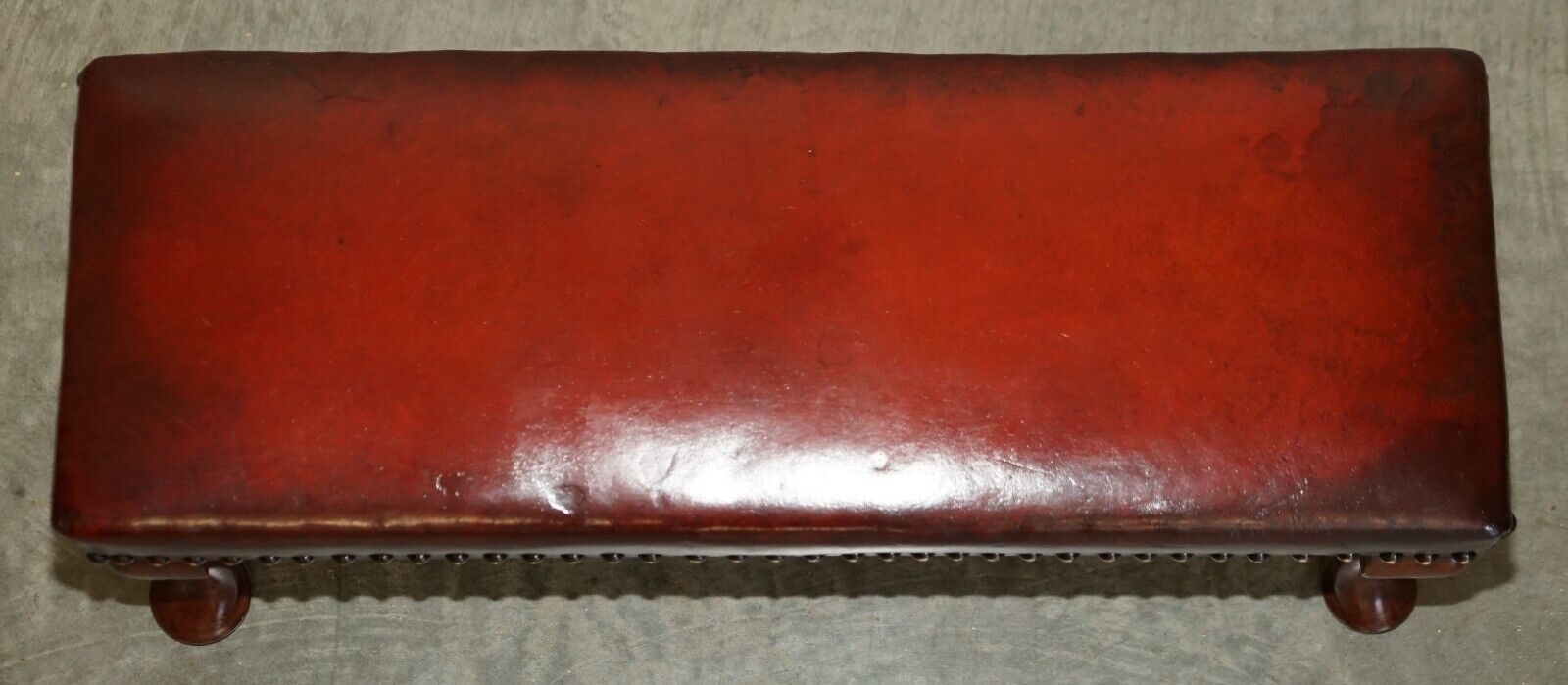 Antique Cabriolet Leg Fully Restored Hand Dyed Bordeaux Leather Tufted Footstool photo for sale