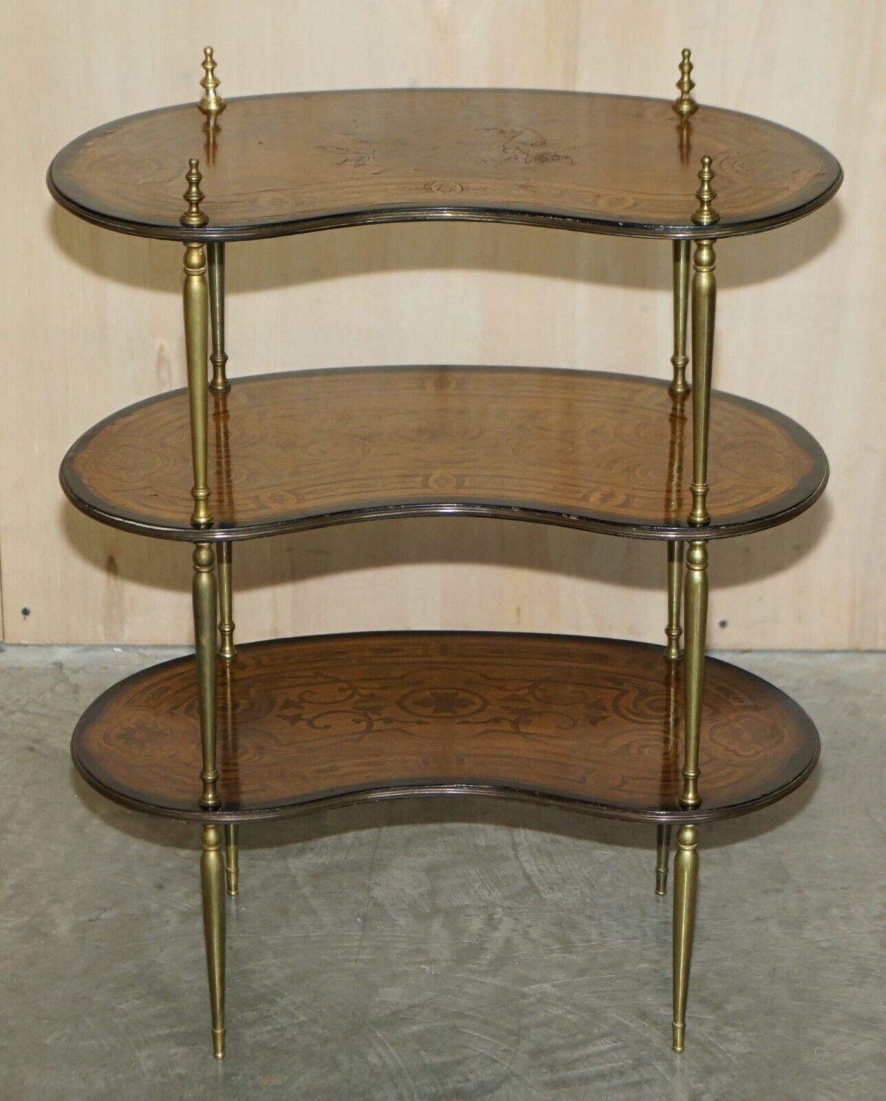 Fine Pair Of Antique Continental Three Tier Kidney Shaped Brass Etagere Tables photo Furniture