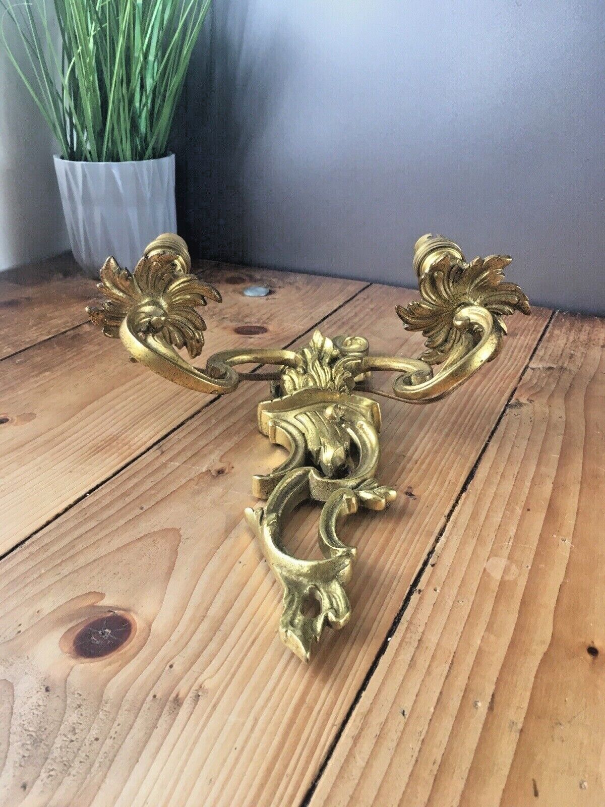 Antique French Louis XV Style Heavy Brass / Bronze Twin Wall Light Candle Sconce photo for sale