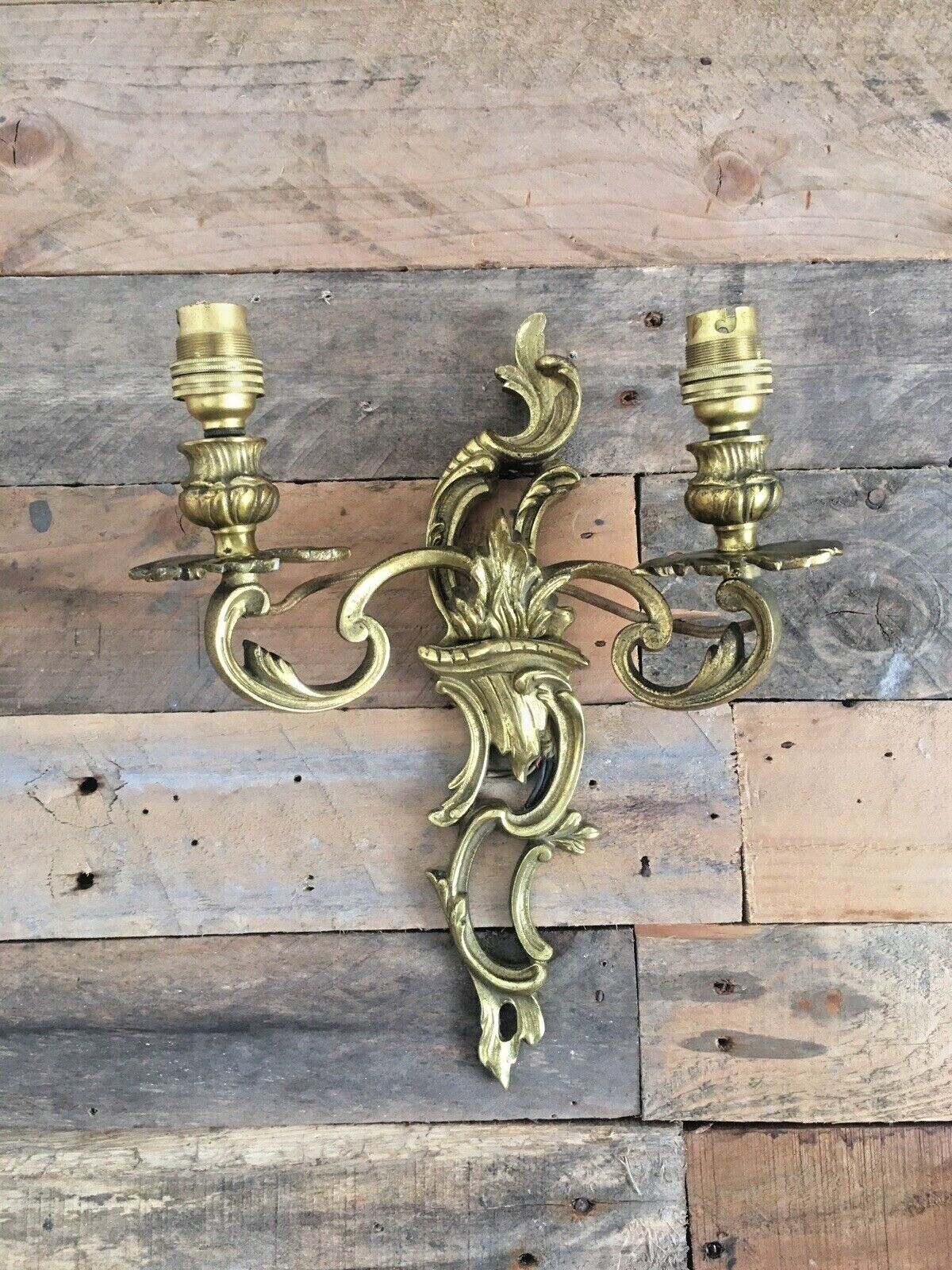 photo for sale Antique French Louis XV Style Heavy Brass / Bronze Twin Wall Light Candle Sconce