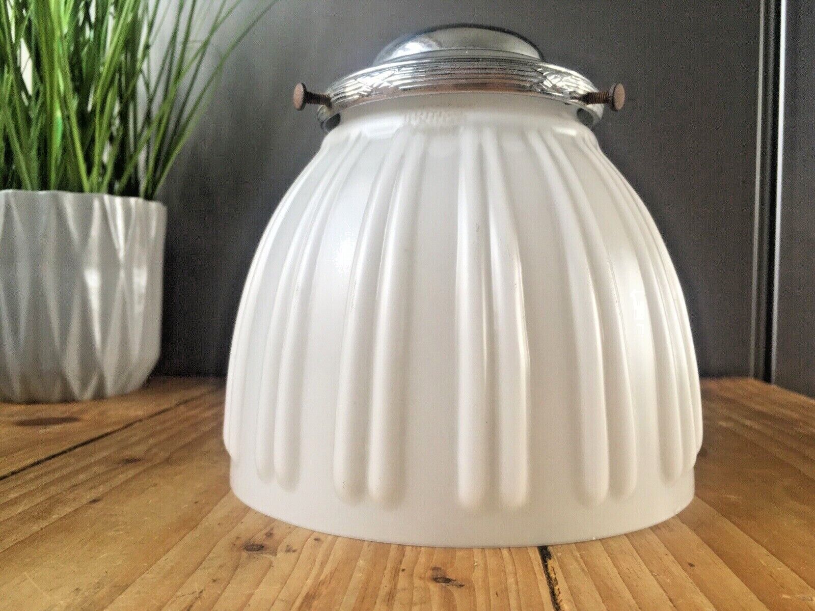 Art Deco Hailware Reeded Fluted Opaline Glass Lamp Shade & Gallery Ceiling Light photo for sale