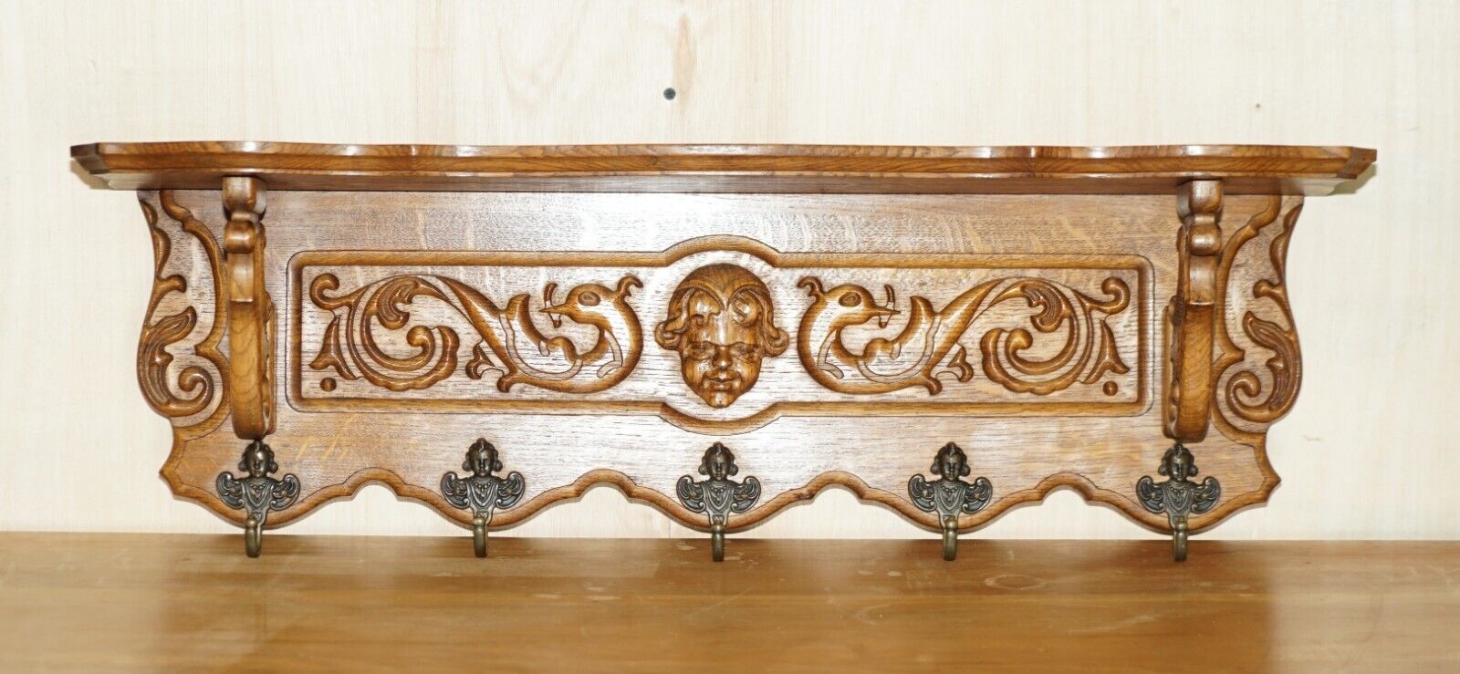Ornately Carved Cherub Dutch Oak Coat Hat Scarf Wall Rack Hanger Bronze Hooks photo furniture