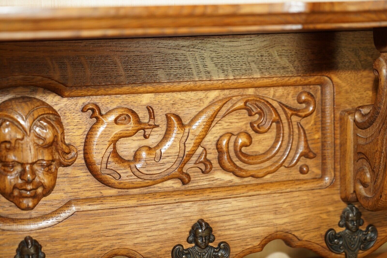 Ornately Carved Cherub Dutch Oak Coat Hat Scarf Wall Rack Hanger Bronze Hooks photo vintage