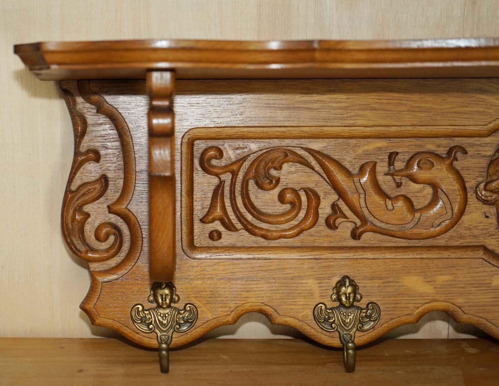 Ornately Carved Cherub Dutch Oak Coat Hat Scarf Wall Rack Hanger Royal Hooks photo for sale