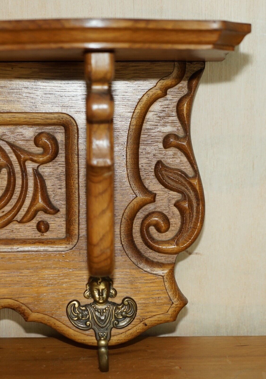Ornately Carved Cherub Dutch Oak Coat Hat Scarf Wall Rack Hanger Royal Hooks photo vinterior