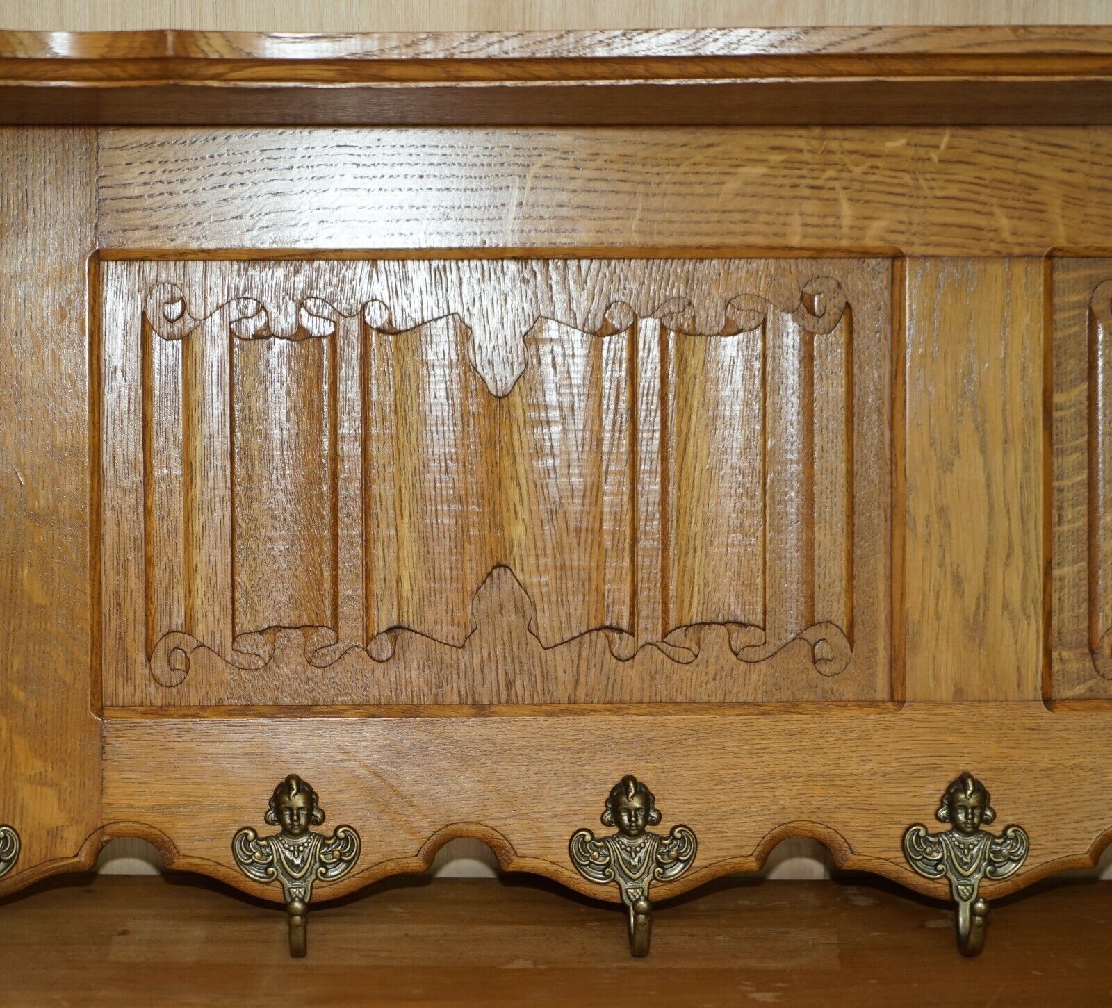 Elegent Dutch Carved Oak Coat Hat Scarf Wall Rack Hanger French Royal Hooks photo Furniture