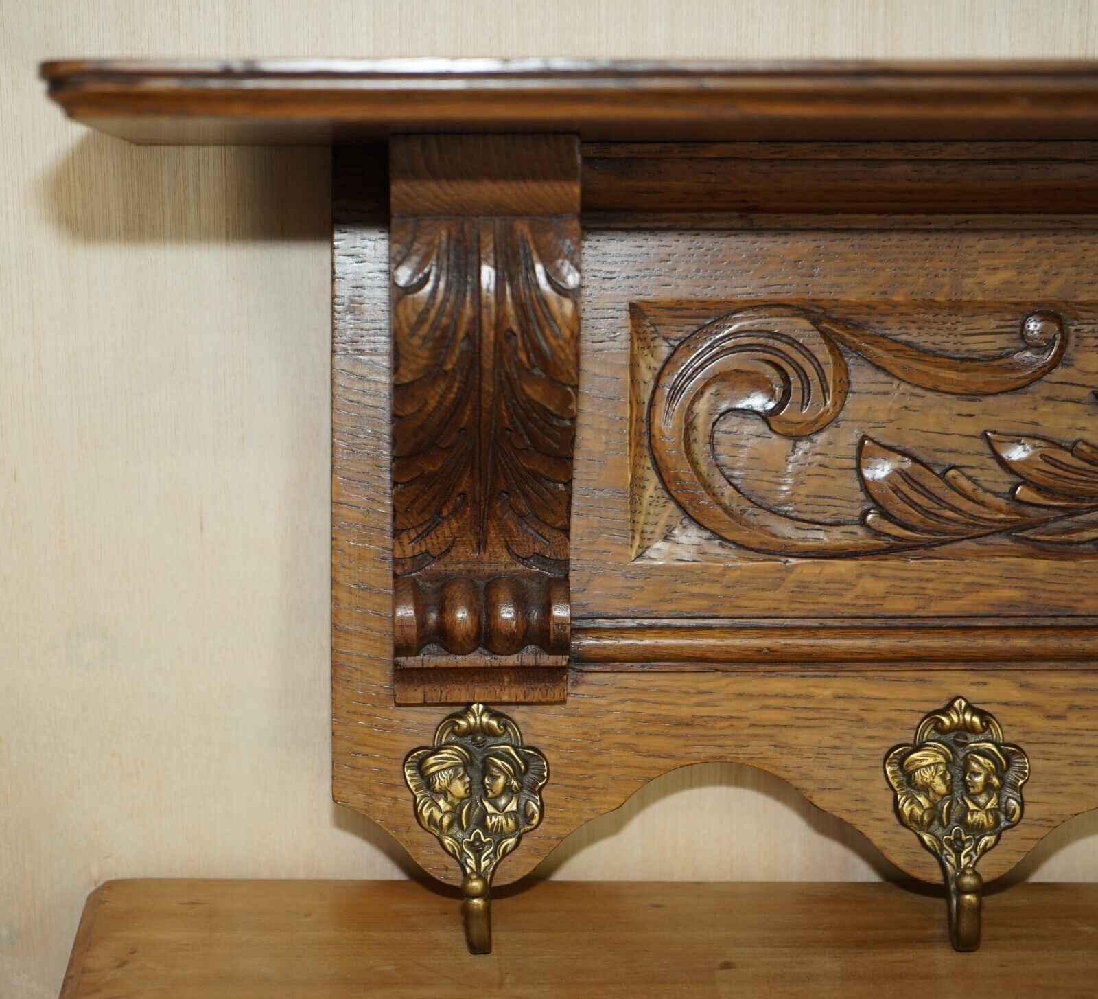 Fine Dutch Heavily Carved Oak Coat Hat Scarf Wall Rack Hanger Romantic Hooks photo for sale