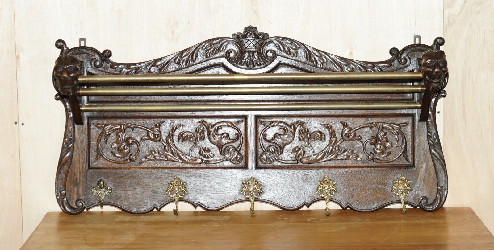 Large Antique Dutch Fine Carved Oak Coat Hat Scarf Wall Rack Hanger Cherub Hooks photo furniture