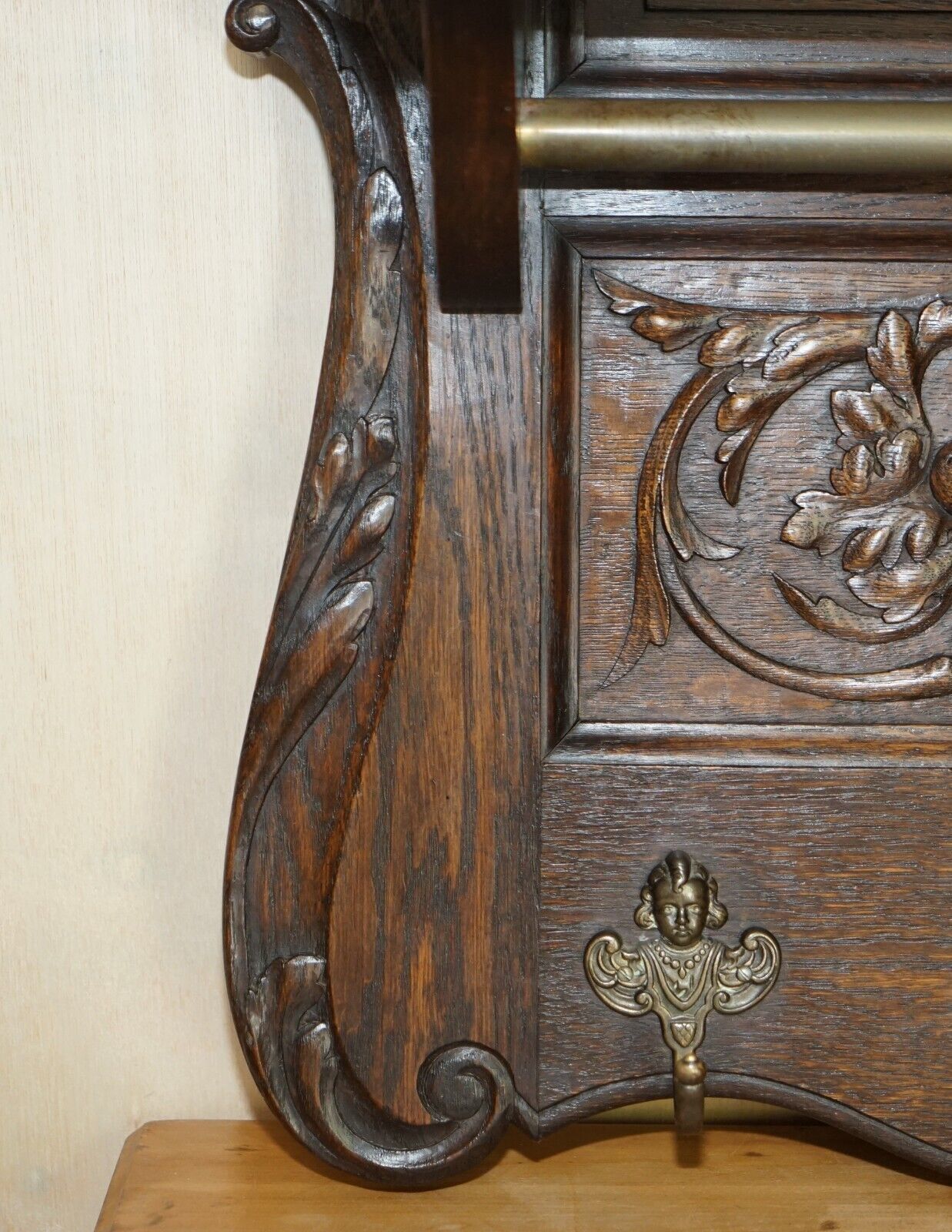 Large Antique Dutch Fine Carved Oak Coat Hat Scarf Wall Rack Hanger Cherub Hooks photo for sale