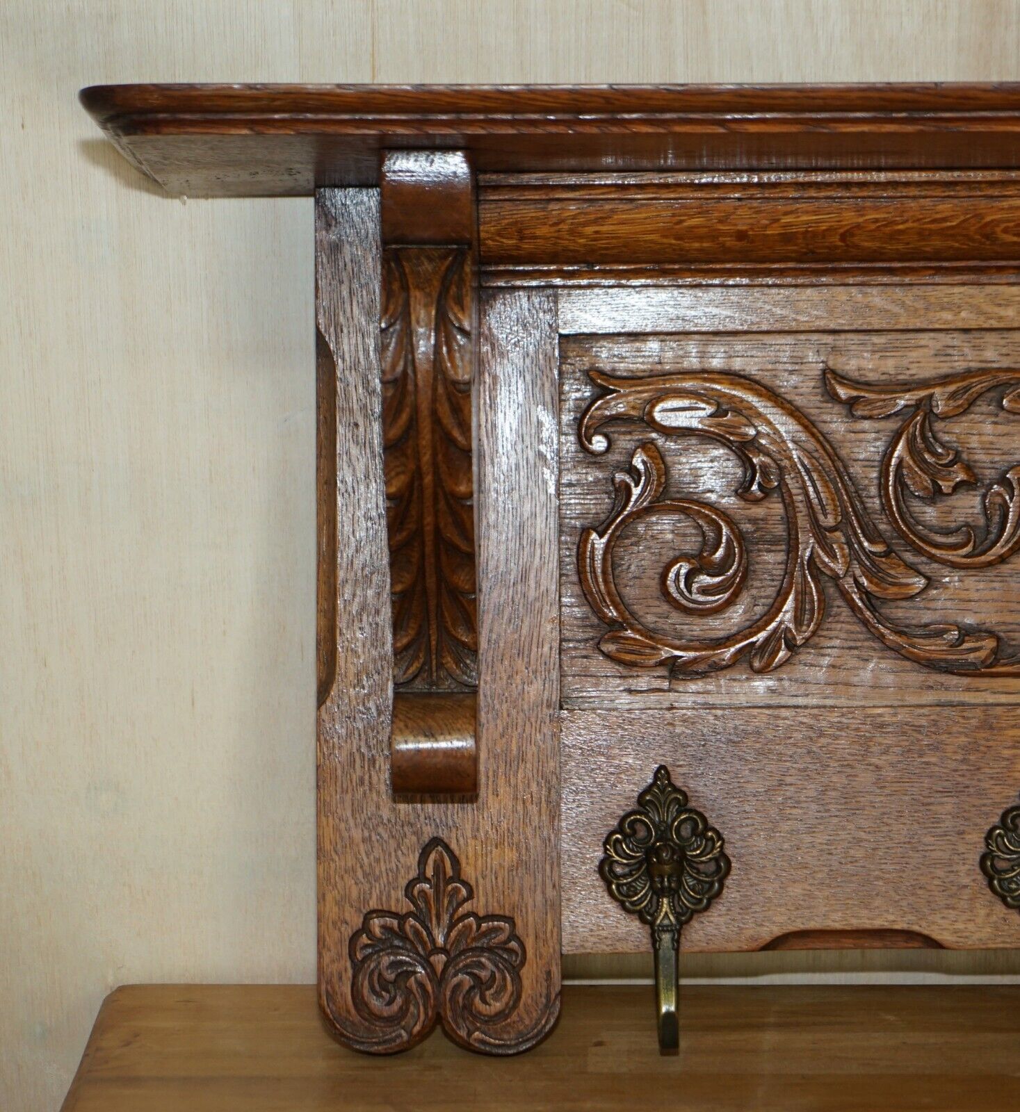 Fine Dutch Heavily Carved Oak Coat Hat Scarf Wall Rack Hanger Lion Head Carved photo for sale