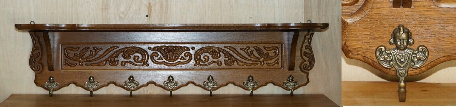 Lovely Dutch Fine Cherub Carved Oak Coat Hat Scarf Wall Rack Hanger Royal Hooks