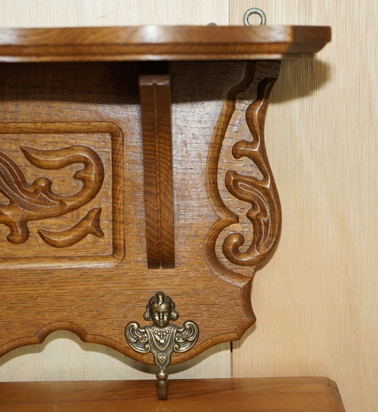 Lovely Dutch Fine Cherub Carved Oak Coat Hat Scarf Wall Rack Hanger Royal Hooks photo buy