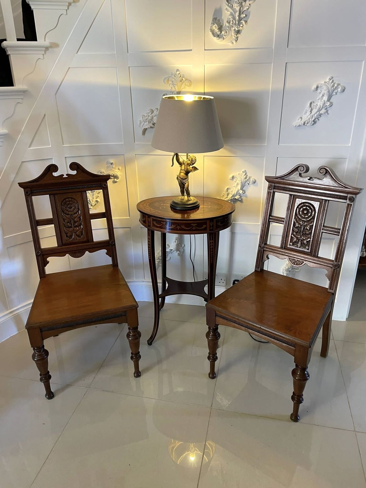 Pair Of Quality Antique Carved Walnut Hall Chairs photo vinterior