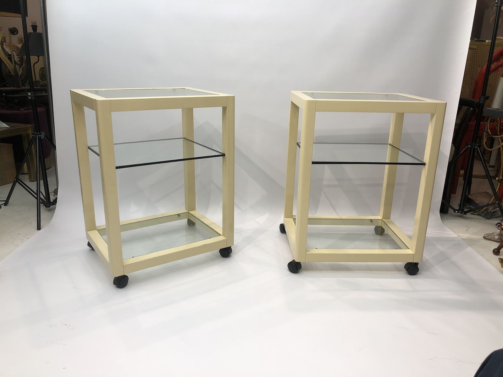Pair Of Cream Lacquered Side Tables Wheels 1970s Hollywood Regency Modernism photo furniture
