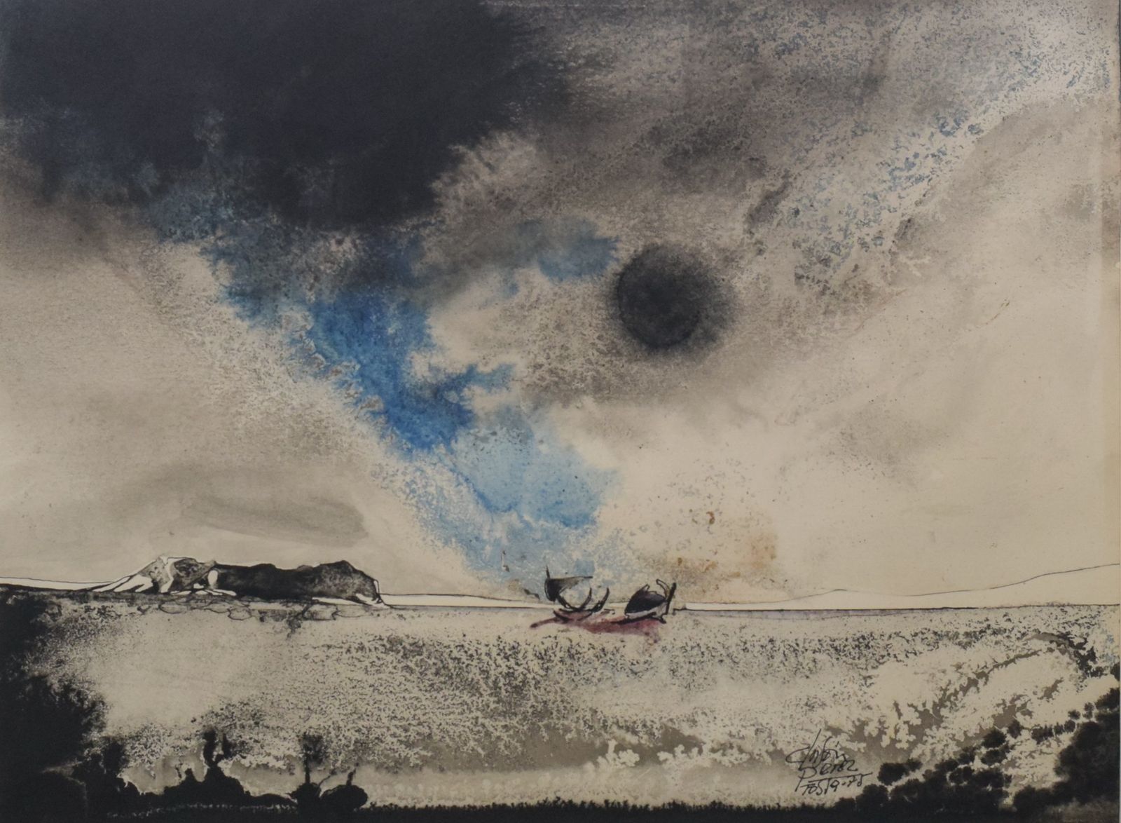 Boat On A Moonlit Seascape. Watercolour On Paper