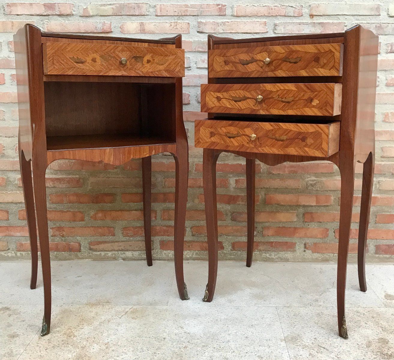 Early 20th Century French Marquetry And Iron Hardware Bedside Tables Or Nightstands, Set Of 2 photo 2670.0