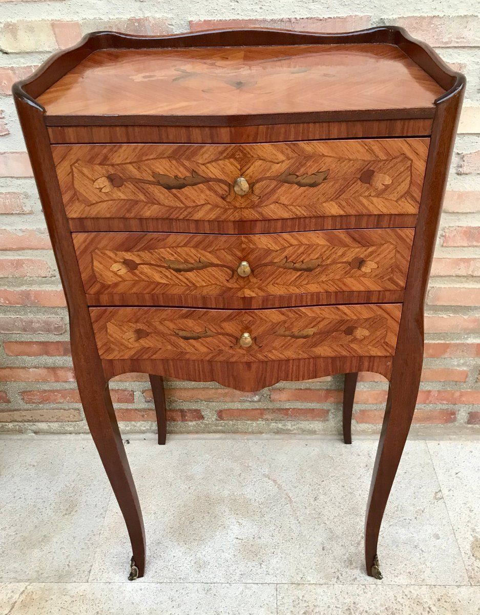 Early 20th Century French Marquetry And Iron Hardware Bedside Tables Or Nightstands, Set Of 2 photo vintage