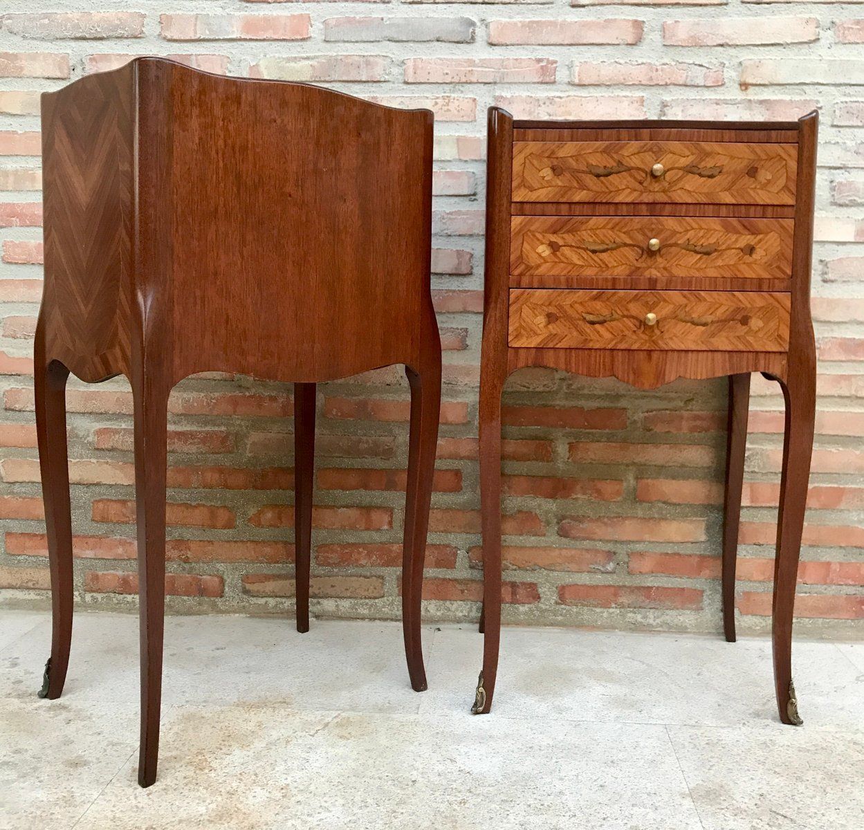 photo furniture Early 20th Century French Marquetry And Iron Hardware Bedside Tables Or Nightstands, Set Of 2