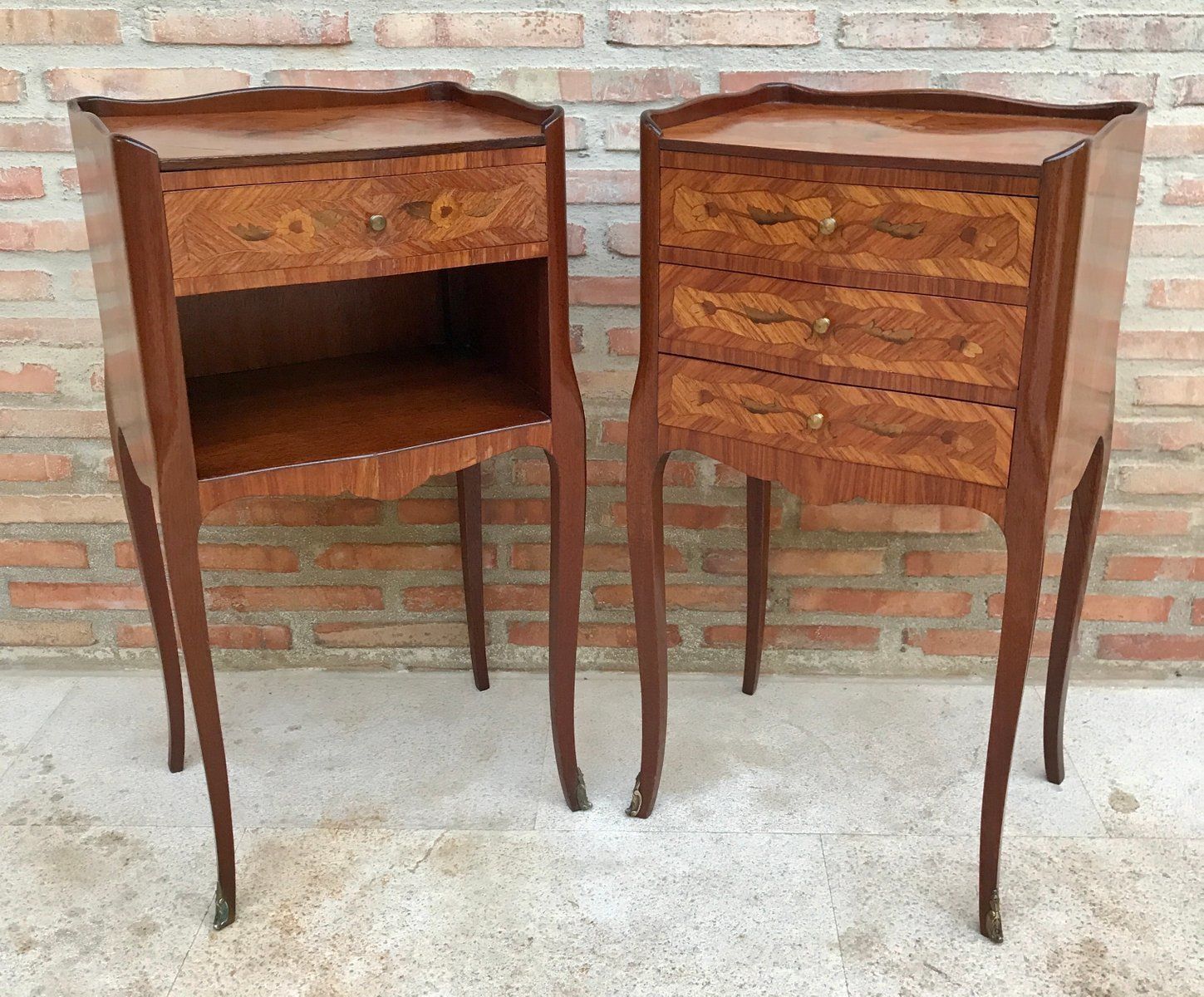 2670.0 Early 20th Century French Marquetry And Iron Hardware Bedside Tables Or Nightstands, Set Of 2 photo