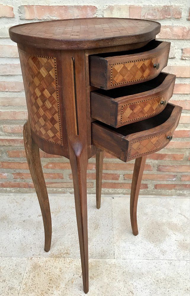 Louis XV Inlaid Walnut 3 Drawer Side Tables Or Nightstands With Marquetry, Set Of 2 photo vinterior